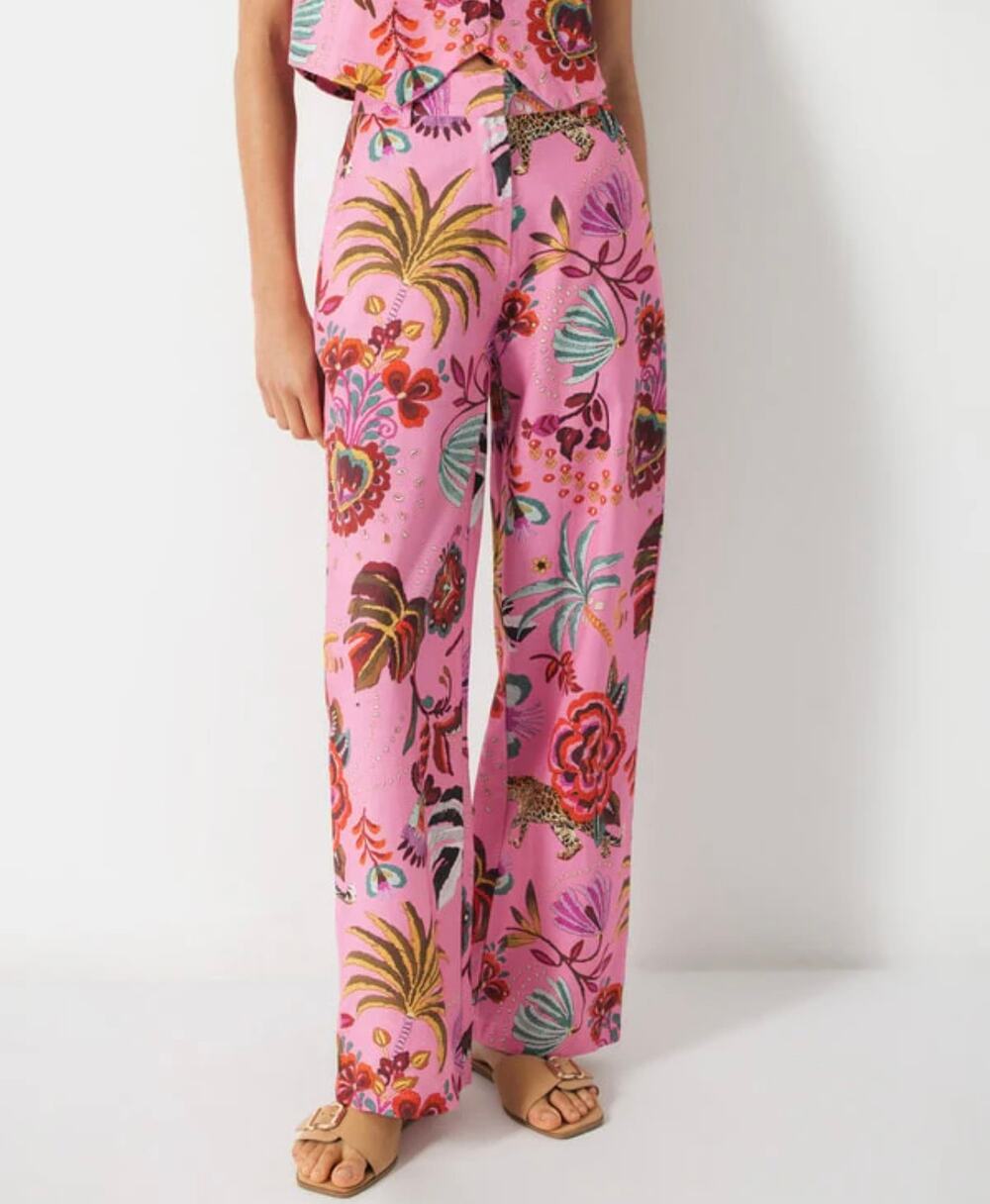 LANIDOR Linen Blend Pants Tropical Floral Printed Straight Leg Resort Trousers